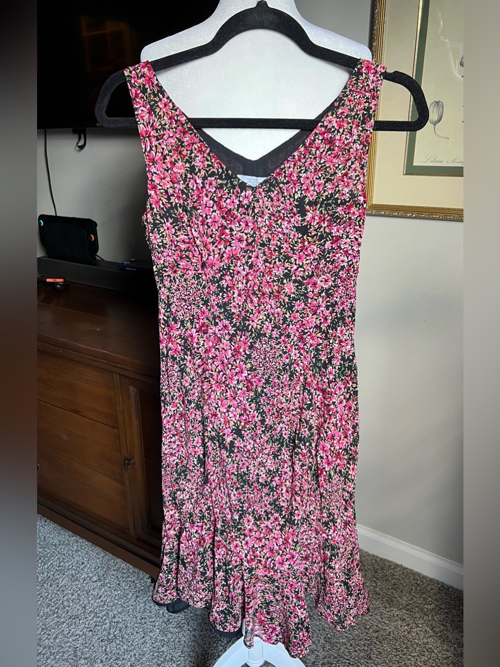 LOFT Black Midi Dress with Pink Floral Print